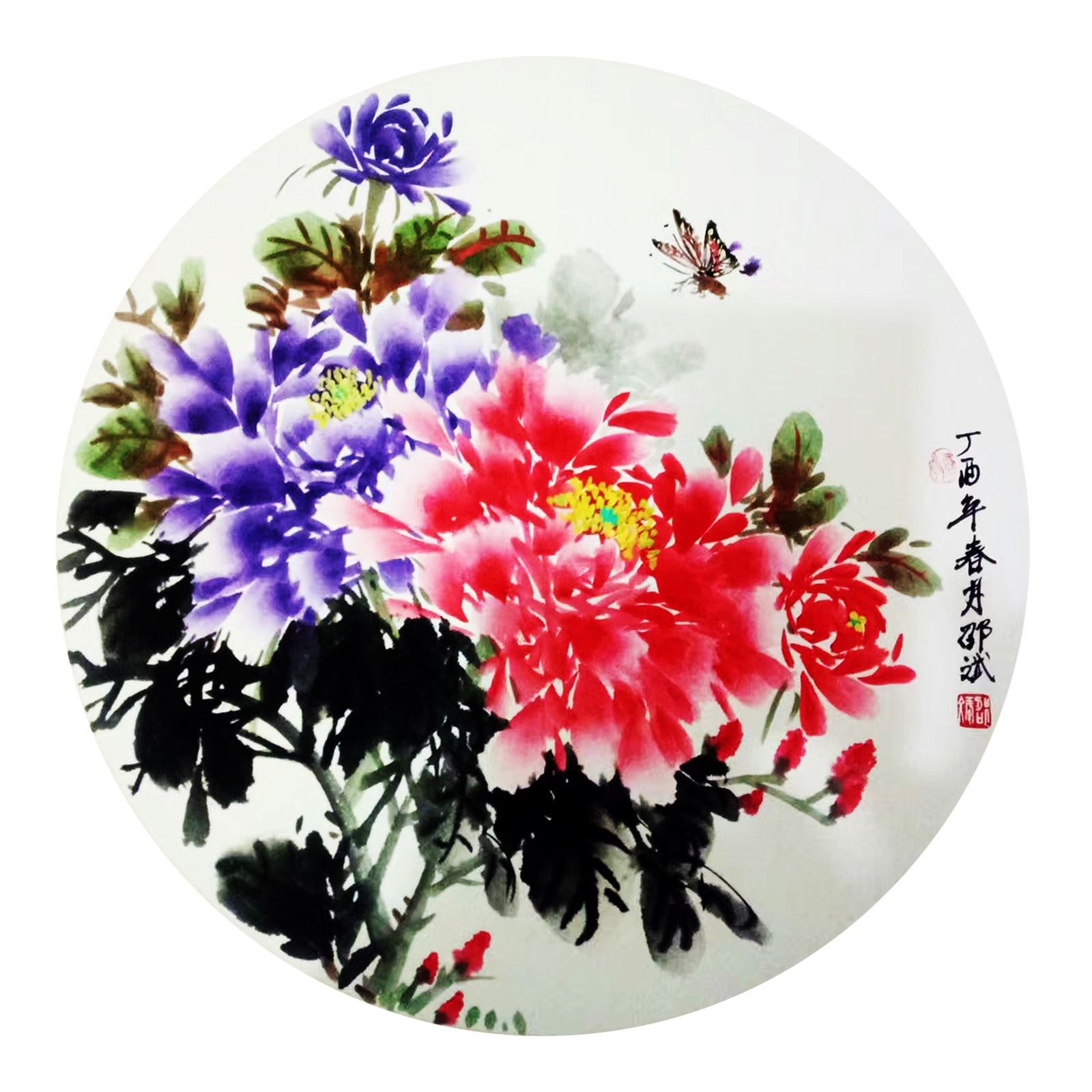 國色天香 圓形扇面 丁酉春月